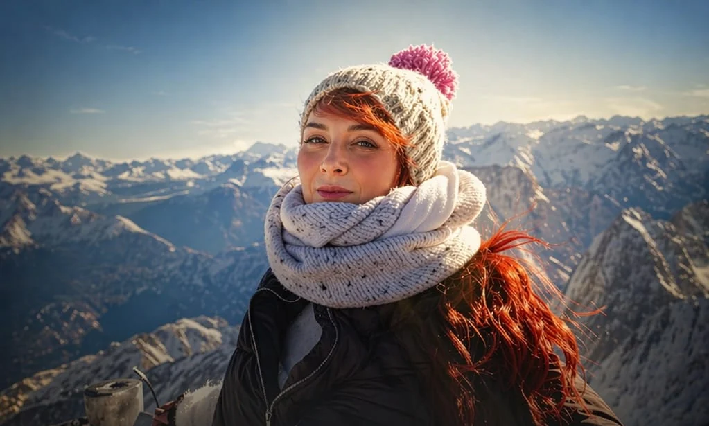 Katharina mit Mütze und Schal schaut klar in die Ferne, hinter ihr die Alpen