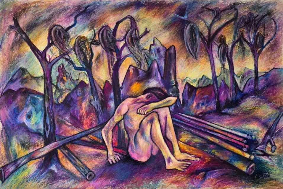 Gemälde in Violett: eine sitzende Gestalt mit gesenktem Kopf zwischen kahlen Bäumen