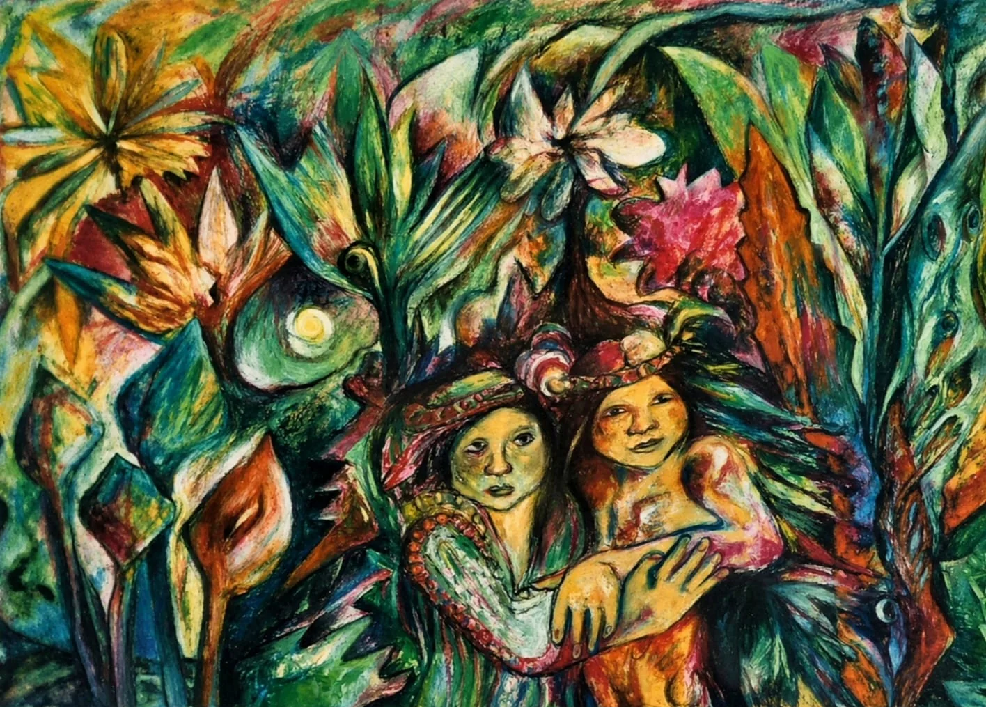 Farbenfrohes Gemälde zweier Gesichter zwischen tropischen Blüten und Pflanzen