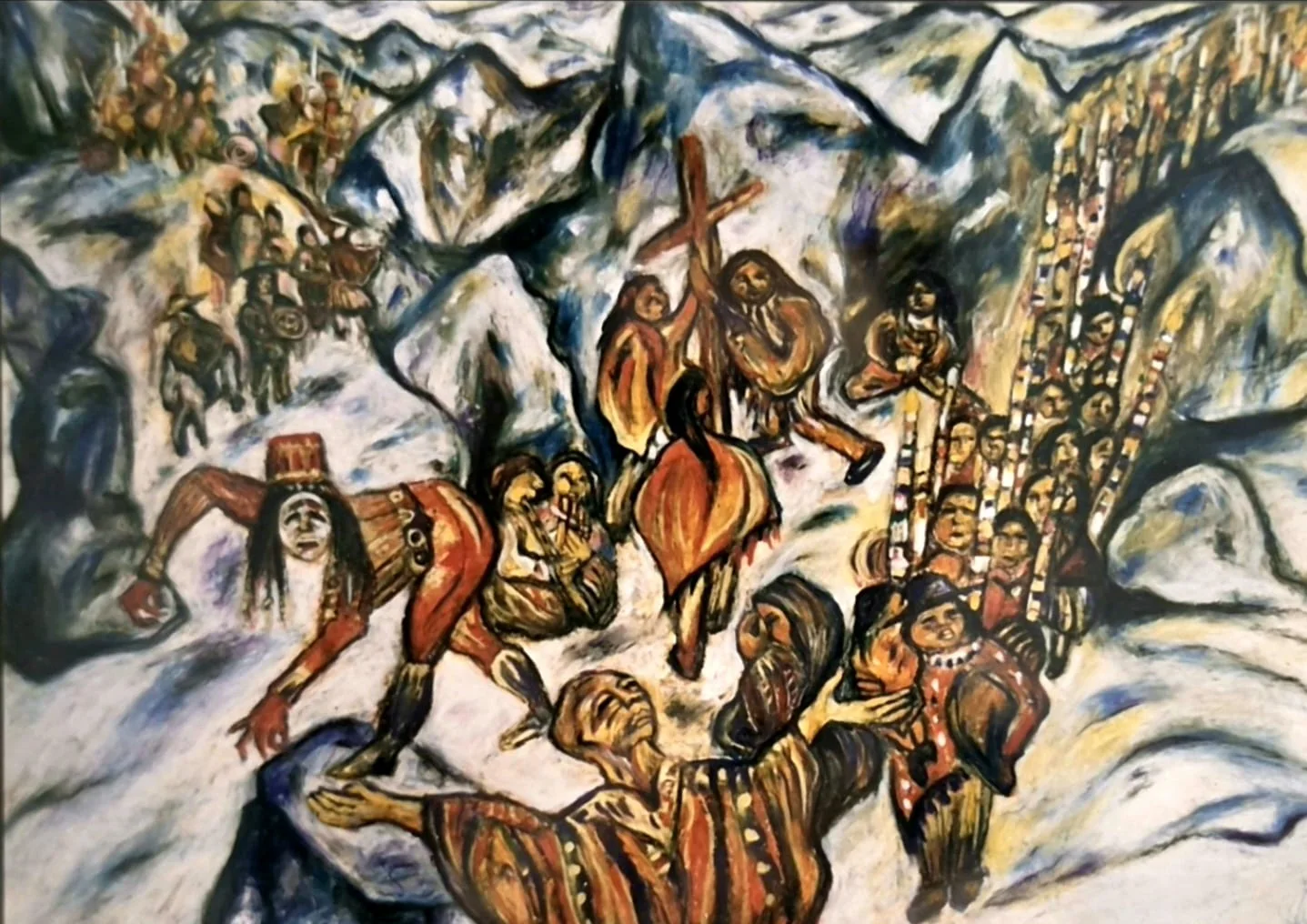 Gemälde einer Pilgerschaft und eines Festes am heiligen Berg Ausangate in den verschneiten Anden