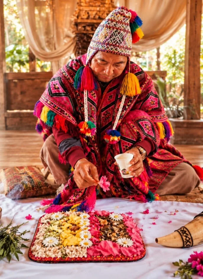Juan bei einer Zeremonie: er legt Blüten auf eine Mesa aus Blüten und Körnern