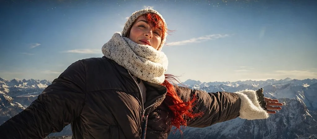 Katharina breitet auf dem Gipfel die Arme aus wie Flügel, dahinter verschneite Berge